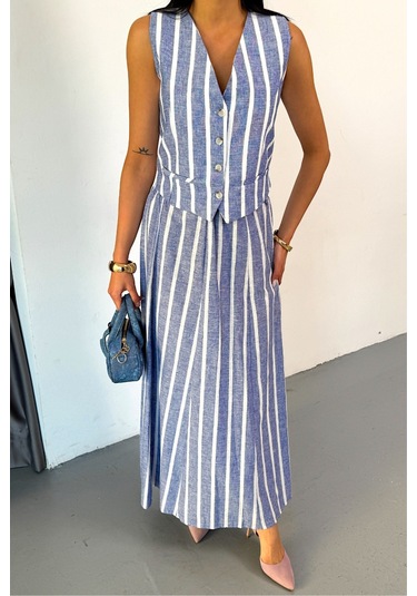 Sensuelle Keten Çizgili Yelek - Uzun Etek Takım - Mavi Mavi