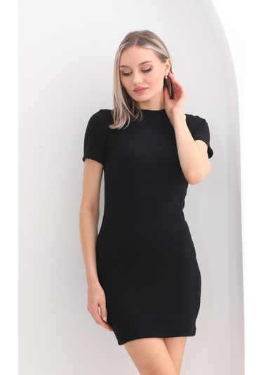 Kallima Siyah Kısa Kollu Mini Fitilli Esnek Kalem Elbise