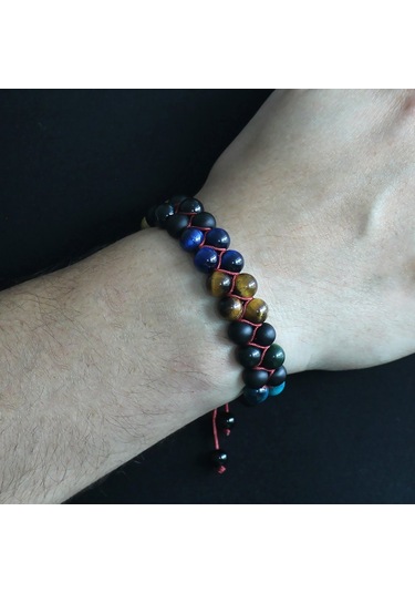 Çift Sıra Makrome Örgülü Küre Kesim Çoklu Kaplangözü Doğaltaş Kombinli Erkek Enerji Bilekliği Çok Renkli