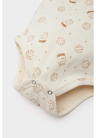 DeFacto Erkek Bebek 2'li Takım Fitilli Kaşkorse Baskılı Uzun Kollu Çıtçıtlı Body Esnek Belli Uzun Alt E6303A525SPER233 Ekru