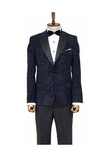 Wessi Işıltılı Çiçek Desenli Lacivert Erkek Smokin Ceket Lacivert