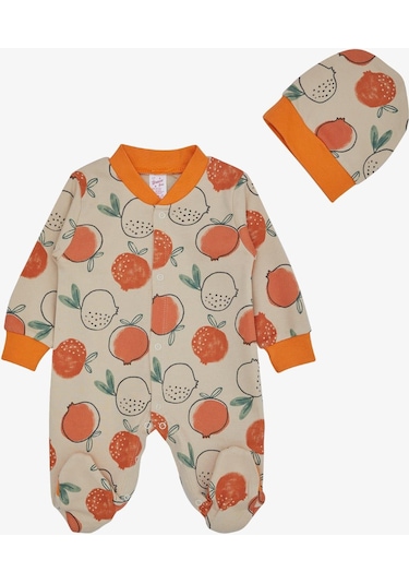 Breeze Kız Bebek Patikli Tulum Nar Desenli 0-6 Ay, Bej-Bej