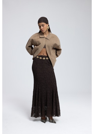 Veylia Uzun Kahve Dantel Etek Kahve