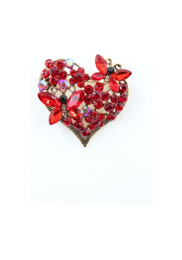 Kelebekli Kalp Broş. Kırmızı Yakut Taşlı Kelebekli Kalp Yaka İğnesi Broş. Kadın Kalpli Kelebek Broş Çok Renkli