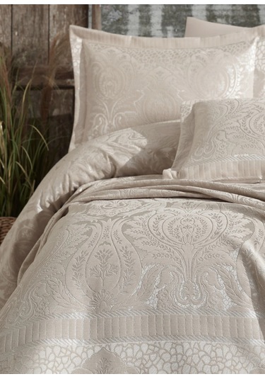 Dantela Hazel Şönilli Jakarlı Yatak Örtüsü - Bej Bej