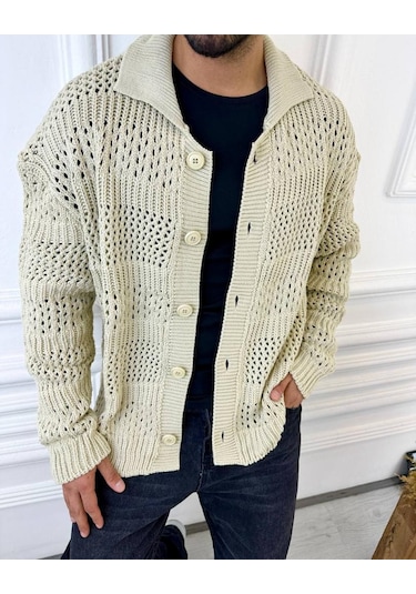 Elku Moda Hırka Oversize Özel Örgülü Triko Desenli Salaş Örgü Hırka Krem