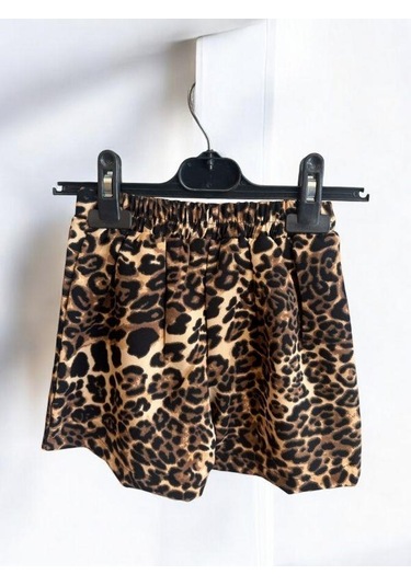 Kız Çocuk Bel Lastikli Leopar Desenli Şort Etek-14740 Kahverengi