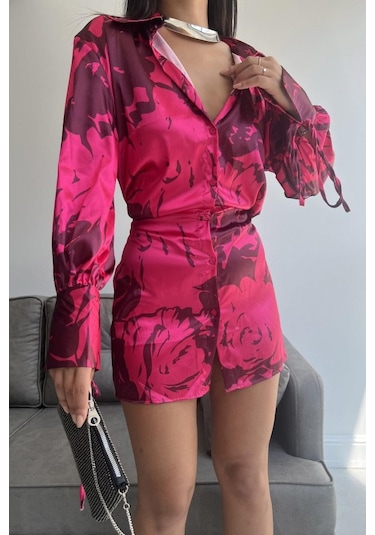 Vatkalı Manşet Detaylı Gömlek Elbise - Fuşya Fuşya