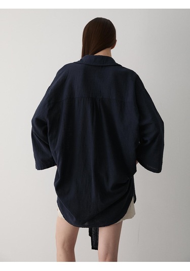 Lacivert Flam Keten Kimono Gömlek Lacivert