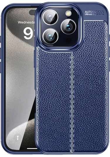 İphone Uyumlu 16 Pro Max Kılıf Focus Deri Desen Silikon Arka Kapak Lacivert