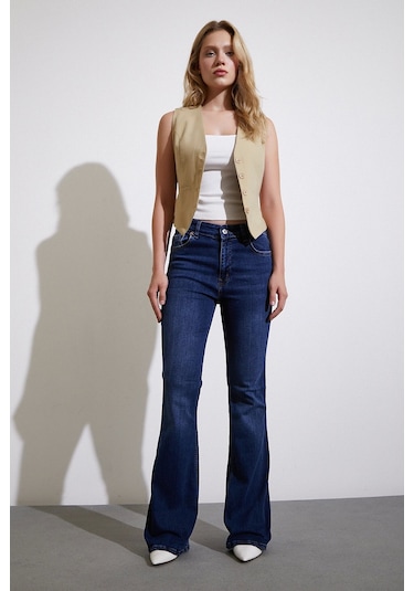 Never More Yüksek Bel İspanyol Paça Jean Koyu Lacivert Koyu Lacivert