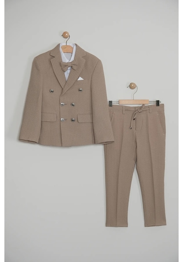 Erkek Çocuk Çizgili Ceket Gömlek Pantolon Papyonlu Takım Elbise Te.1001y Vizon