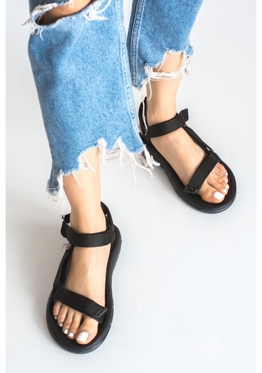 Imershoes Erkek Günlük Step Sandalet Düz Taban Cırtlı Spor Yazlık - 497212327 Siyah