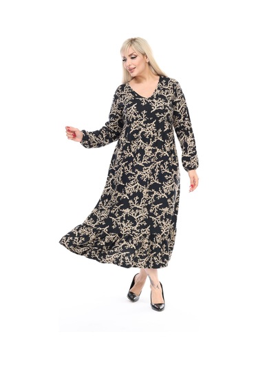 Kadın Büyük Beden Yumuşak Dokulu V Yaka Siyah Vizon Dal Desenli Elbise Siyah - Vizon Dal Desen