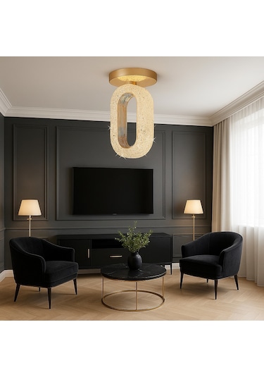 Alfa Kristal Ledli Avize Tavana Sıfır Gold Sarı Gövde 3 Renk Modu Gold