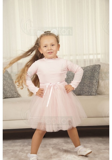 Tüllü Baskısız Düz Üst Kısım Ribana Alt Kısım Astarlı Tütü Etek Kız Çocuk Prenses Uzun Kollu Elbise Uzun-pembe Pembe