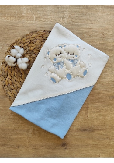 %100 Pamuklu & Mevsimlik Bebek Battaniyesi - Kahverengi & Ayıcık Nakışlı Bebek Örtüsü 80x90 Cm Mavi