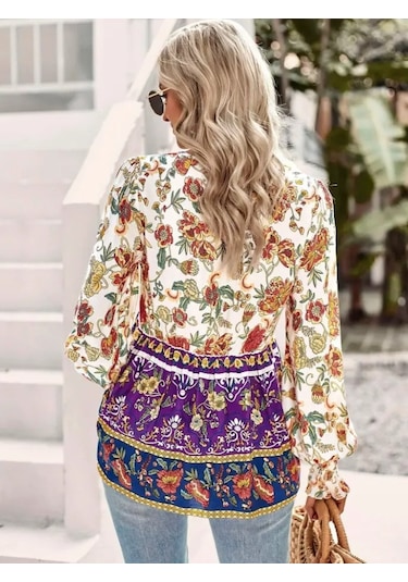 Nnstartshopping Kadın Uzun Kollu Yakası Açık Bağcıklı Çiçek Desenli Salaş Bluz Desenli