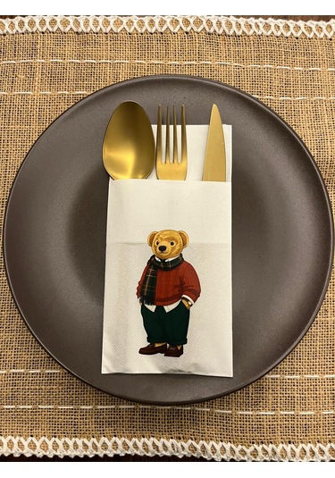 Kırmızı Gömlekli Sevimli Ayı Baskılı Yılbaşı Kanguru Cepli Peçete Beyaz12 Adet