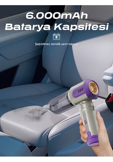7go Ahv-14 2'si 1 Arada Kablosuz Araç İçi Süpürge Mor 18000pa Güçlü Vakum + Üfleme Cam Kırıcı & Mor