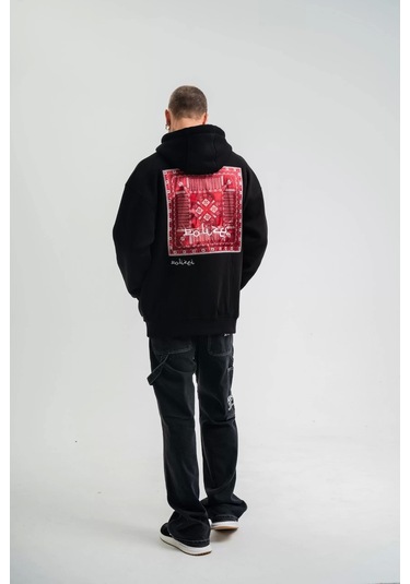 Double Oversize Kapşonlu Dijital Patchli Sweatshirt - Siyah