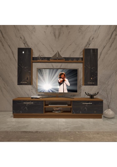 Decoraktiv Eko 5db Mdf Dvd Tv Ünitesi Tv Sehpası Ceviz - Siyah Mermer