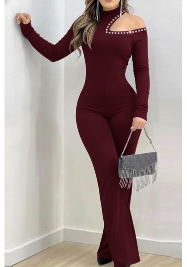 S-pazarım Kadın Tek Omuzdan Açık Balıkçı Yaka Taş Detaylı Uzun Ithal Krep Tulum Bordo