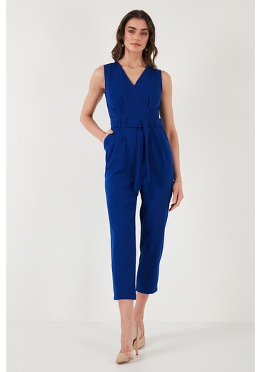 Lela Slim Fit Düz Paça Kruvaze Yaka Kemerli Bayan Tulum 6783626 Saks