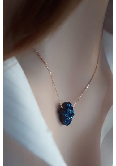 Lacivert Pırıltılı Reçine Taşlı El Yapımı Fatma Eli Kolye 925 Ayar Gümüş Rose Gold Kaplama Rose Gold