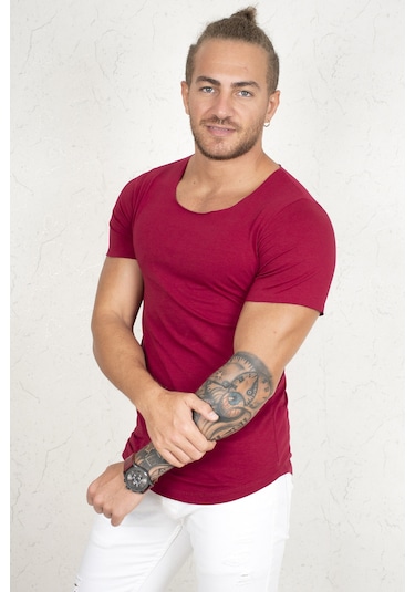 Deepsea Erkek Bordo Geniş Yaka Likralı Tişört Oval Yaka Slim Fit Eteği Oval Açık Yaka T-shirt 1801199 Bordo