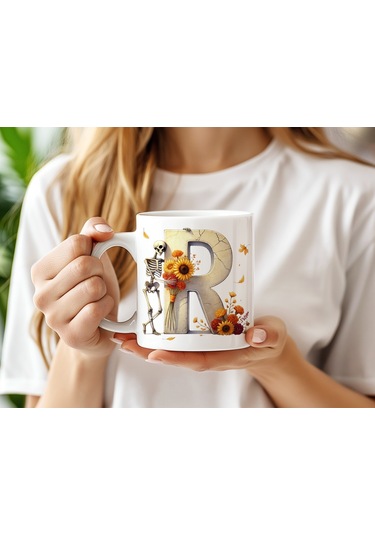 R Harfi Pembe Kareli Kalpli Göz Emojili Kupa Bardak Eğlenceli Kareli Tasarım Kahve Çay Kupası Beyaz