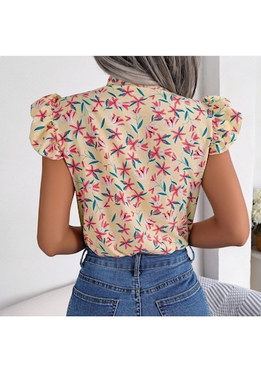 Gmxıa Kadın Modası Rahat Yaz Çiçek Desenli Kolsuz V Yaka Bluzlar Ve Ahşap Kulak Kenarlı Fiyonklu Şifon Gömlekler Kayısı Açık Bej