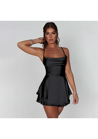 Yaz Kadın Elbise Kısa Seksi İnce İnce Sırtı Açık Düz Renk Askılı Elbiseler Siyah