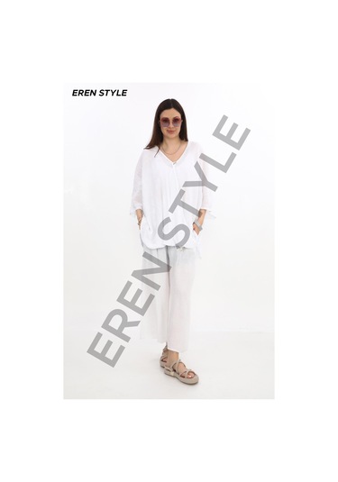 Bohem Kuruvaze Tek Düğmeli Keten Bluz-9884 Beyaz