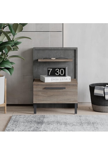 Robin Home Denver Komodin 2 Çekmeceli Metal Ayaklı Kahve-Beton  D5