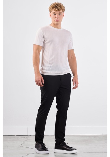 Dufy Ekru O Yaka Düz Renk Kısa Kollu Slim Fit Triko Tshirt Ekru