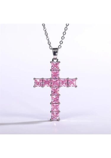Müstesna Jwl Zirkon Taşlı Istavroz Haç Kolye Pembe Gümüş