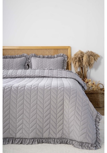 Miranda Fırfırlı Çift Kişilik Yatak Örtüsü Takımı 3 Parça Uyku & Çeyiz Seti Antrasit