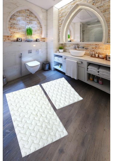 Desenli Tavşan Tüyü Yumuşak 2 Li Banyo Paspası Kaymaz Tabanlı Klozet Takımı Krem Krem