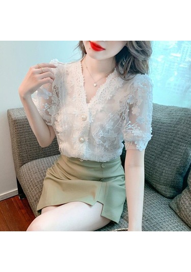 Zarif V Yaka Stereo Çiçek Dantel Şifon Gömlek Kadın 2023 Kısa Kollu Bluz Rahat Sweet 27434 Sayesinde İki Parçalı Tops Beyaz
