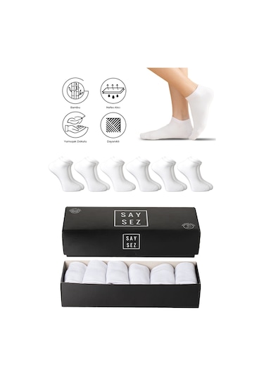 Saysez Bambu Erkek Patik Düz Beyaz Çorap Dikişsiz Premium Kutulu 6'lı Beyaz