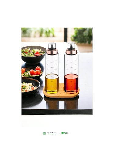 Rossel Premium Bambu Standlı Damlatmaz Borosilikat 2'li Cam Yağlık 500ml Bakır