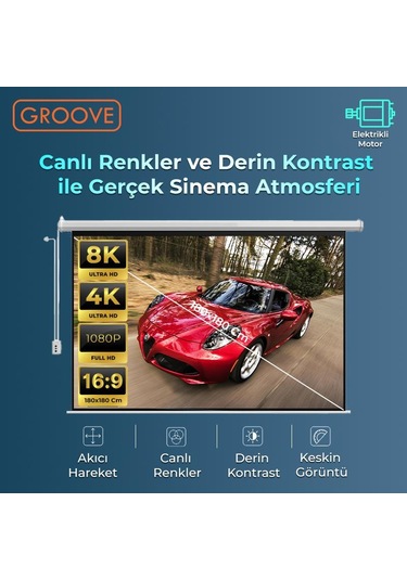 Groove Vizio Pro 180x180cm Blackout Işık Geçirmez Elektrikli Otomatik Kumandalı Projeksiyon Perdesi +motorlu+canlı Renkler+göz Koruması+leke Tutmaz Projector