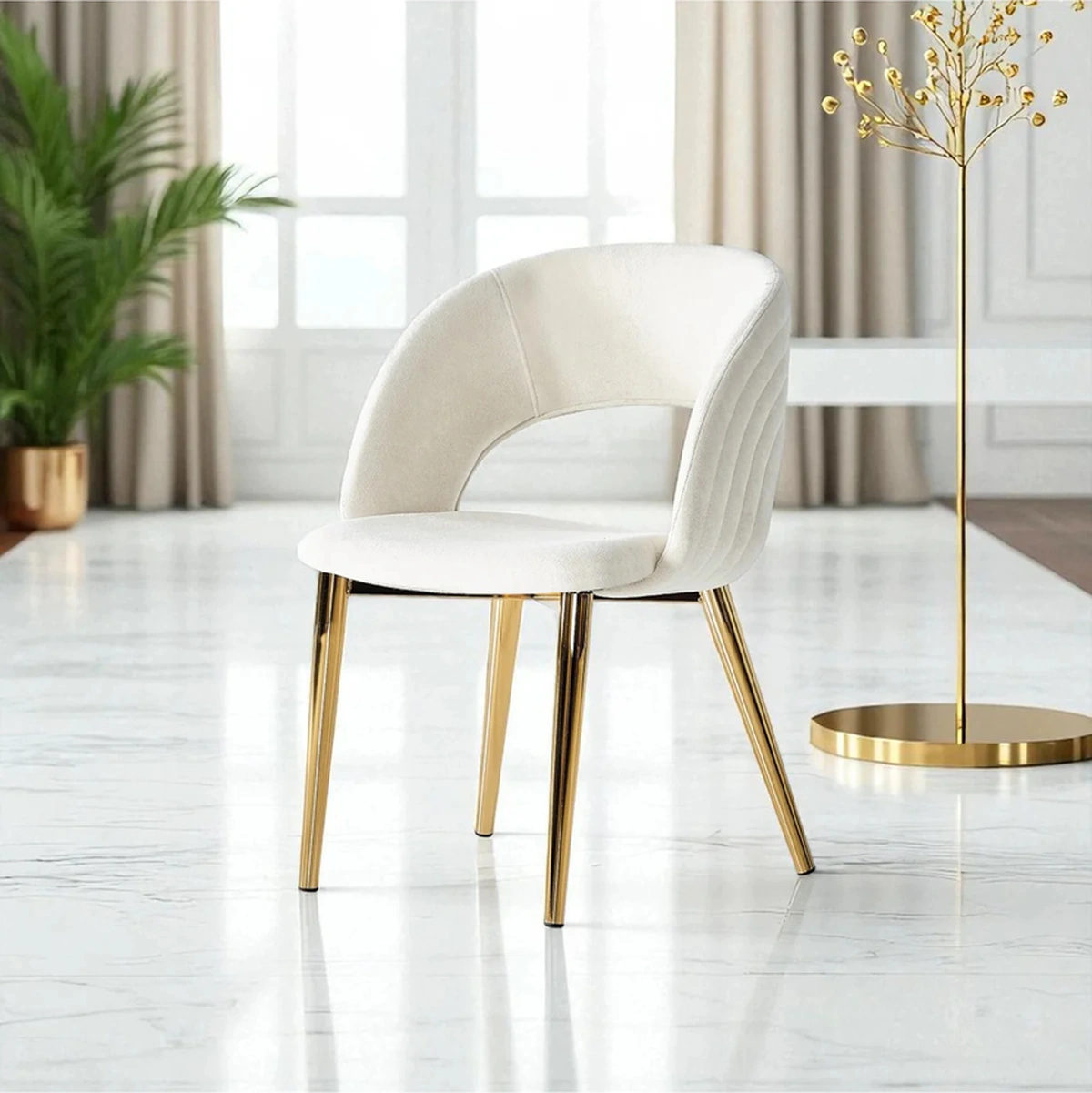 Dengema Mostar S88 Sandalye Krem Tiesto Polyester , Gold Metal Ayak Krem - Gold Ayak