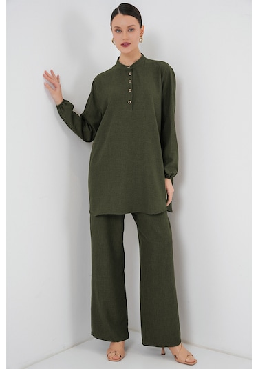 Bigdart 6678 Keten Tunik Pantolon İkili Takım - Haki