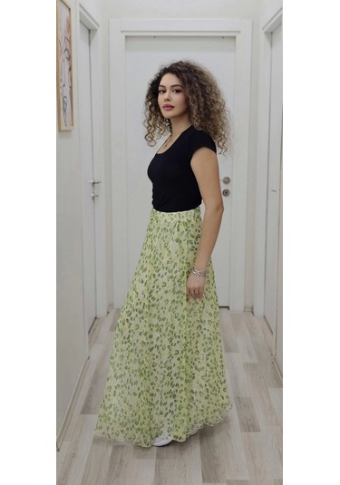 Bel Lastikli Kloş Şifon Etek 6003-Beyaz - Yeşil