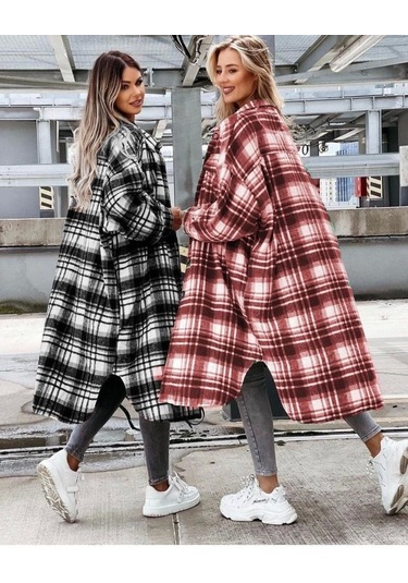 Kadın Kırmızı Uzun Ekose Detay Fırsat Ürün Ekose Ceket Kırmızı