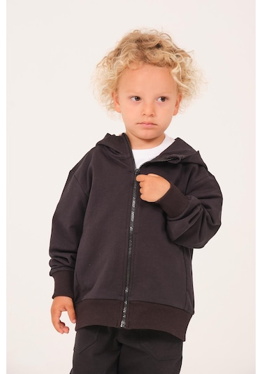 Zeyland Unisex Çocuk Basic Kapüşonlu Ceket - Siyah Siyah