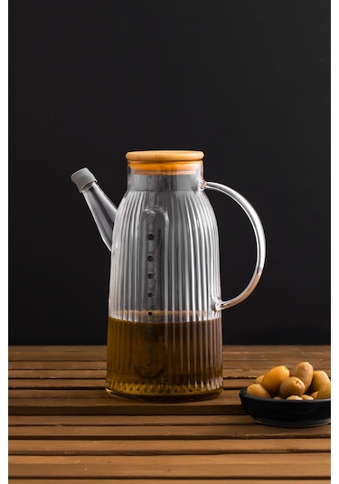 Porsima 2091 Bambu Kapaklı Vakumlu Ölçekli Borosilikat Cam Yağdanlık Yağlık Sirkelik 1000ml Şeffaf