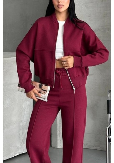 Neşeli Butik Kadın Pamuklu Kışlık Rahat Kesim Eşofman Takımı Nbg112 Bordo